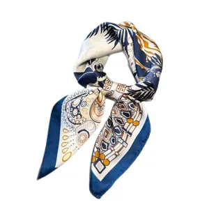 Luxurious printed silk square scarf for women, elegant fashion neckerchief and hair accessory.