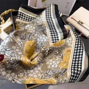 Carre de soie synthetique 70cm, foulard imprime pied de poule et floral vintage pour femme.