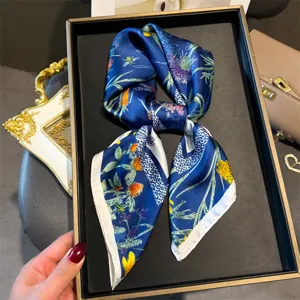 Elegant floral print silk square scarf for women, versatile neckerchief and hair accessory.