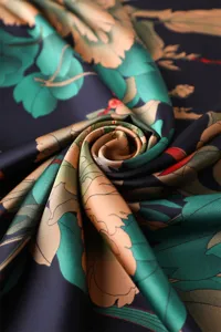 Silk printed floral shawl scarf close-up detail, elegant vintage floral long scarf for women.