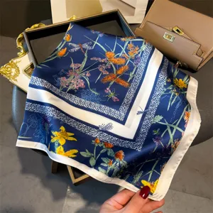Chic 70cm blue floral imitation silk square scarf, elegant fashion neckerchief for women