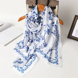 Elegant blue and white floral silk scarf long shawl for women, soft lightweight fashion neckerchief.