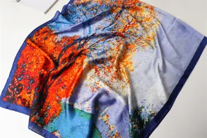 Exquisite autumn landscape print simulation silk square scarf, perfect detailed view.