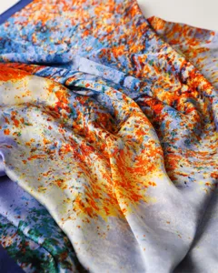 Colorful abstract art print silk scarf detailed texture view fashion long shawl accessory