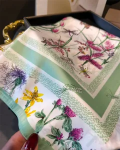 Floral silk scarf 70cm square neckerchief botanical dragonfly print stylish green border