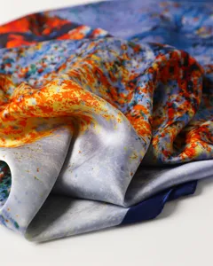 Close-up detail shot of the abstract art print imitation silk scarf, showing smooth texture.