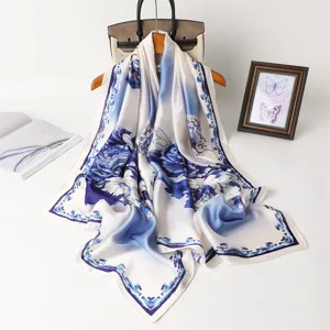 Elegant blue and white printed silk scarf for women, lightweight floral long shawl.