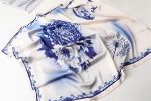 Blue white floral print silk scarf elegant vintage floral shawl lightweight long wrap for women