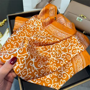 Elegant 70cm orange silk scarf with baroque floral print, vintage neckerchief for women.