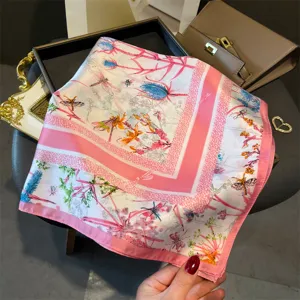 Elegant 70cm square silk scarf with charming botanical dragonfly print for women fashion styling.