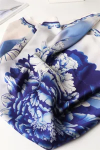 Blue and white floral print imitation silk scarf versatile elegant shawl for women.