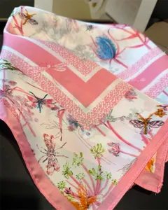 Fresh and sweet 70cm imitation silk square scarf, pink and white botanical and dragonfly print.
