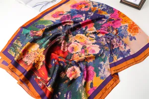 Vibrant floral print silk scarf stylish square shawl lightweight fashion headscarf for women.