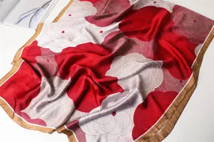 Elegant red and white camellia printed long silk scarf, soft imitation silk shawl for women.