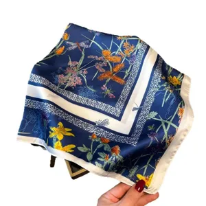 Blue floral print silk scarf 70cm square neckerchief elegant stylish accessory for women