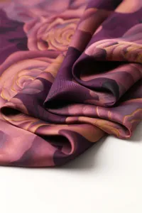 Detailed shot of purple rose print imitation silk scarf fabric texture drape close-up