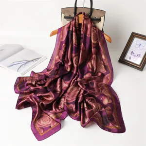 Exquisite purple rose printed silk scarf, elegant long shawl for women, soft fashion accessory.