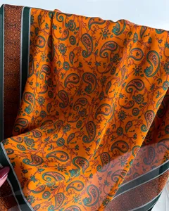 Paisley 70cm square silk scarf, vintage orange floral print neckerchief for spring summer.