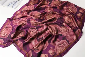 Elegant purple imitation silk scarf with large rose print, versatile fashion shawl.