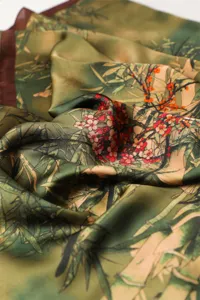 Green silk scarf with bamboo and red plum print, elegant long shawl for women spring wear.