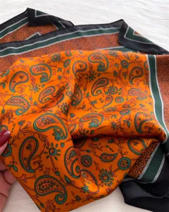 Paisley 70cm silk feel square scarf orange green vintage print neckerchief fashion accessory