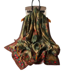 Elegant green floral print silk scarf, long vintage shawl wrap for women daily wear accessory.