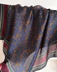 Classic paisley print square silk scarf, elegant navy blue retro design for women daily wear.