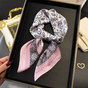 Silk feel paisley square scarf, 70cm elegant pink neckerchief for spring and summer wear.