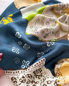 Elegant 70cm silk feel square scarf with baroque chain and floral print for women fashion.