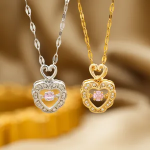 Vintage Titanium Steel Heart Rhinestone Pendant Necklace Gold Silver Plated Sparkling Crystal Double Heart Necklaces For Women Jewelry