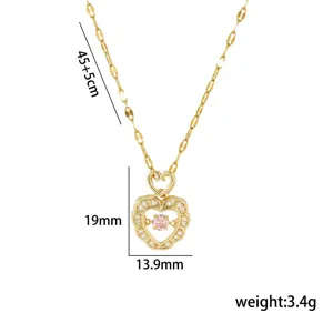 Exquisite titanium steel heart pendant necklace with shimmering cubic zirconia and dimensions.
