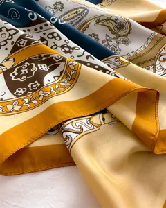 Elegant 70cm silk feel square scarf featuring vintage baroque belt and floral print for women