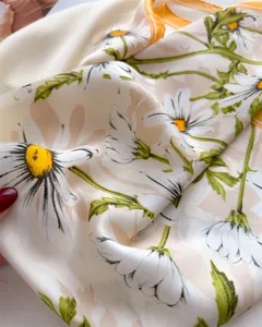 Floral print silk square scarf, elegant spring and autumn neckerchief, daisy scarf.