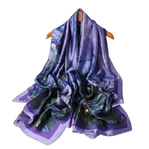 Elegant purple artistic printed silk scarf long fashion shawl for women versatile head cover