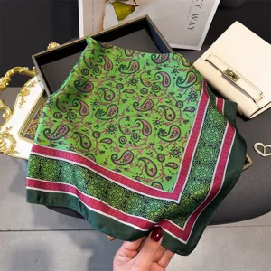 Green paisley 70cm silk square scarf, elegant spring summer neckerchief and head wrap accessory.