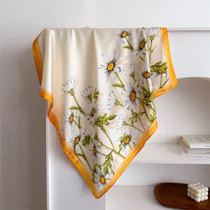 Daisy floral print satin square scarf, 70cm elegant neckerchief for women fashion accessory