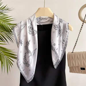 Elegant 70cm silk square scarf featuring stylish floral and star print for women daily wear.