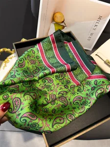 Green paisley 70cm square silk scarf, chic spring summer fashion neckerchief and headband.