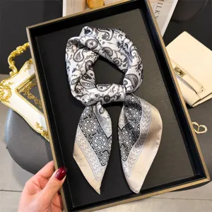 Silk-feeling paisley square scarf, 70cm black and white neckerchief for spring and summer chic style.
