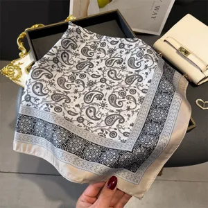 Black and white paisley silk square scarf 70cm elegant floral neckerchief for women spring