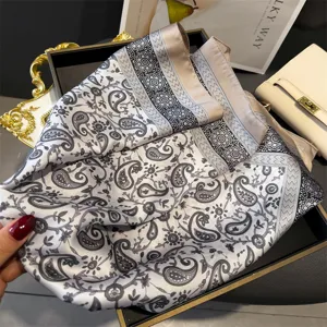 Classic paisley print small square silk scarf for women, elegant black and white neckerchief.