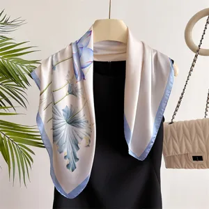 Elegant 70cm silk square scarf with blue lotus floral print for women fashion neckerchief neck wear
