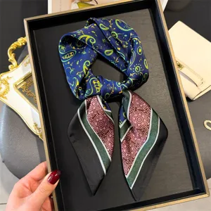 Silk square scarf for women, 70cm paisley printed neckerchief, elegant spring and summer fashion accessory.