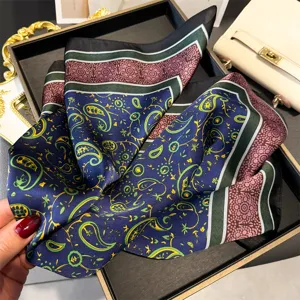 Classic 70cm paisley print square silk scarf, elegant neckerchief for women spring and summer.