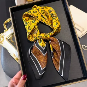 Classic paisley printed square silk scarf, stylish yellow and black neckerchief for daily wear.