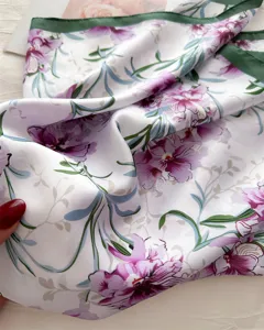 Spring 70cm floral silk square scarf detail, elegant floral print with green border.