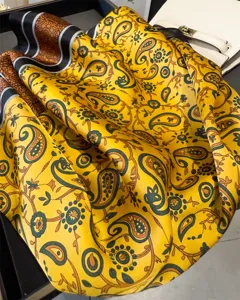 Yellow paisley silk scarf 70cm square neckerchief retro floral head wrap spring fashion accessory.
