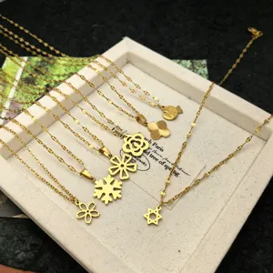 Minimalist Titanium Steel Snowflake Pendant Necklace For Women Gold Plated Hollow Flower Fish Star Clover Choker Clavicle Chain Jewelry Gift