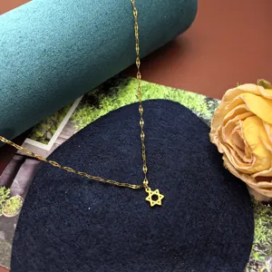Gold titanium steel star pendant necklace detail view, minimalist clavicle chain jewelry.
