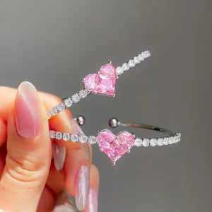 European American Fashion Pink Heart Open Bangle For Women Titanium Steel Silver Rhinestone Inlaid Adjustable Elegant Jewelry Gift